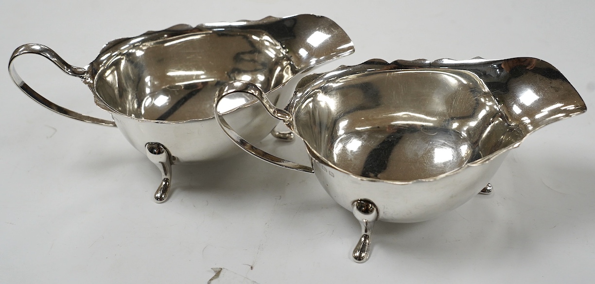 A pair of George V silver sauce boats, Elkington & Co, Birmingham, 1931, 15.6cm, 6.8oz. Condition - fair